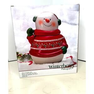 SEALED 10 Inch Pfaltzgraff Winterberry Snowman Cookie Jar